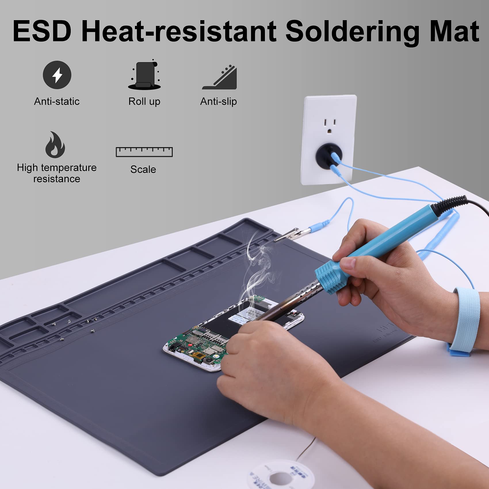 Anti-Static Mat ESD Safe for Electronic Includes ESD Wristband and Grounding Wire, HPFIX Silicone Soldering Repair Mat 932°F Heat Resistant for iPhone iPad iMac, Laptop, Computer, 15.9” x 12” Grey