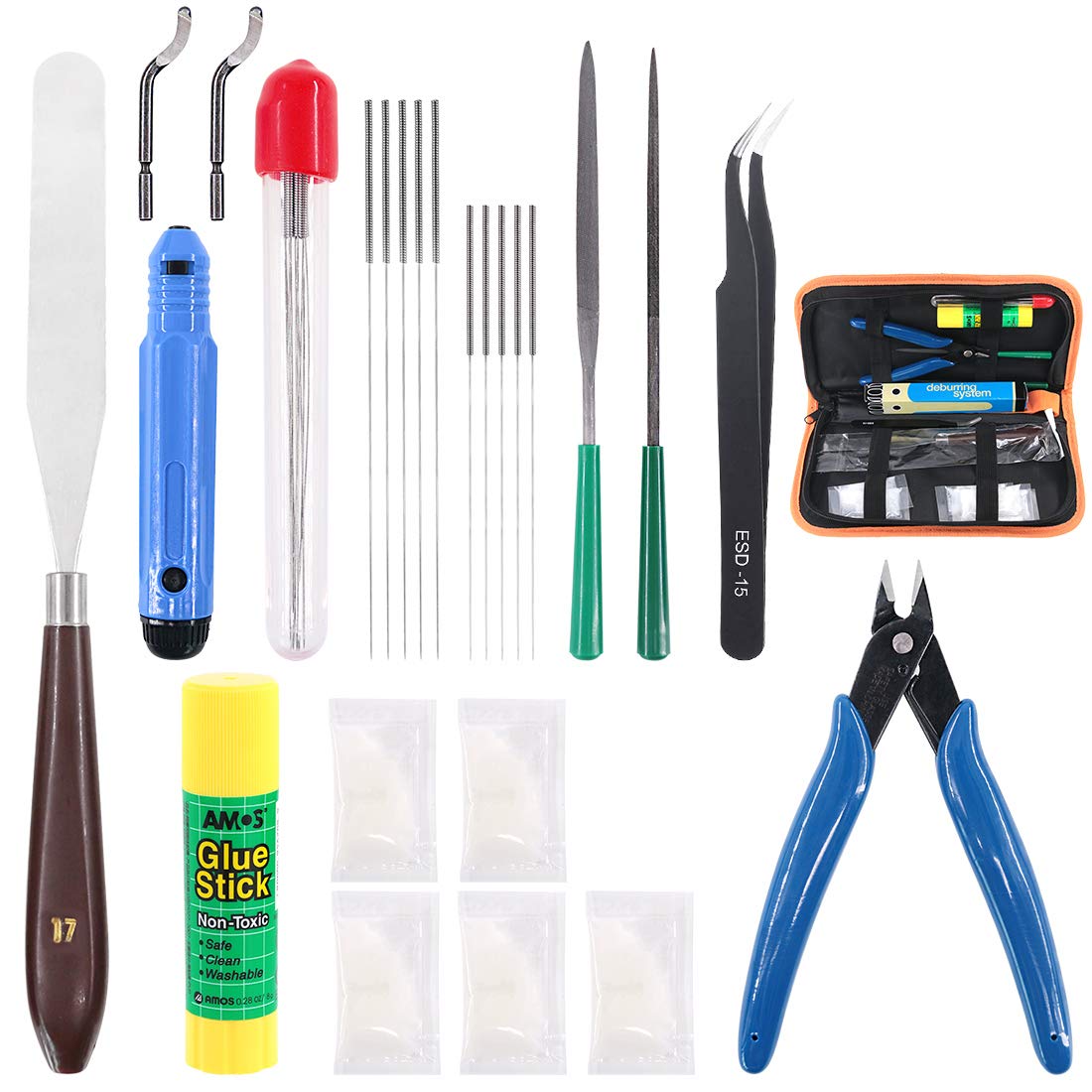 Rustark 25 Piece 3D Printer Tool Kit Full Range Tools for Cleanup Removal Finish Including Trimming Blade 0.4mm 0.35mm Needle Tweezers File Pliers Deburr Tool Scarpers Glue Stick