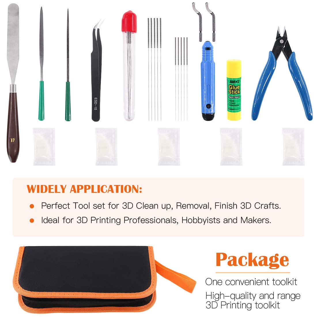 Rustark 25 Piece 3D Printer Tool Kit Full Range Tools for Cleanup Removal Finish Including Trimming Blade 0.4mm 0.35mm Needle Tweezers File Pliers Deburr Tool Scarpers Glue Stick