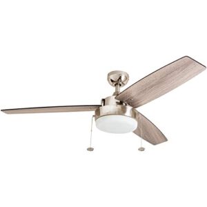 prominence home statham, 52 inch contemporary indoor led ceiling fan with light, pull chain, dual mounting options, modern dual finish blades, reversible motor - 51019-01 (brushed nickel)