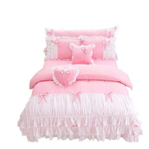 lotus karen shaggy chic ruffle 3-piece duvet cover set- soft cotton girls bedding with cute bow-knots-sweet pink princess bed set full size(1duvet cover/2pillowcases)