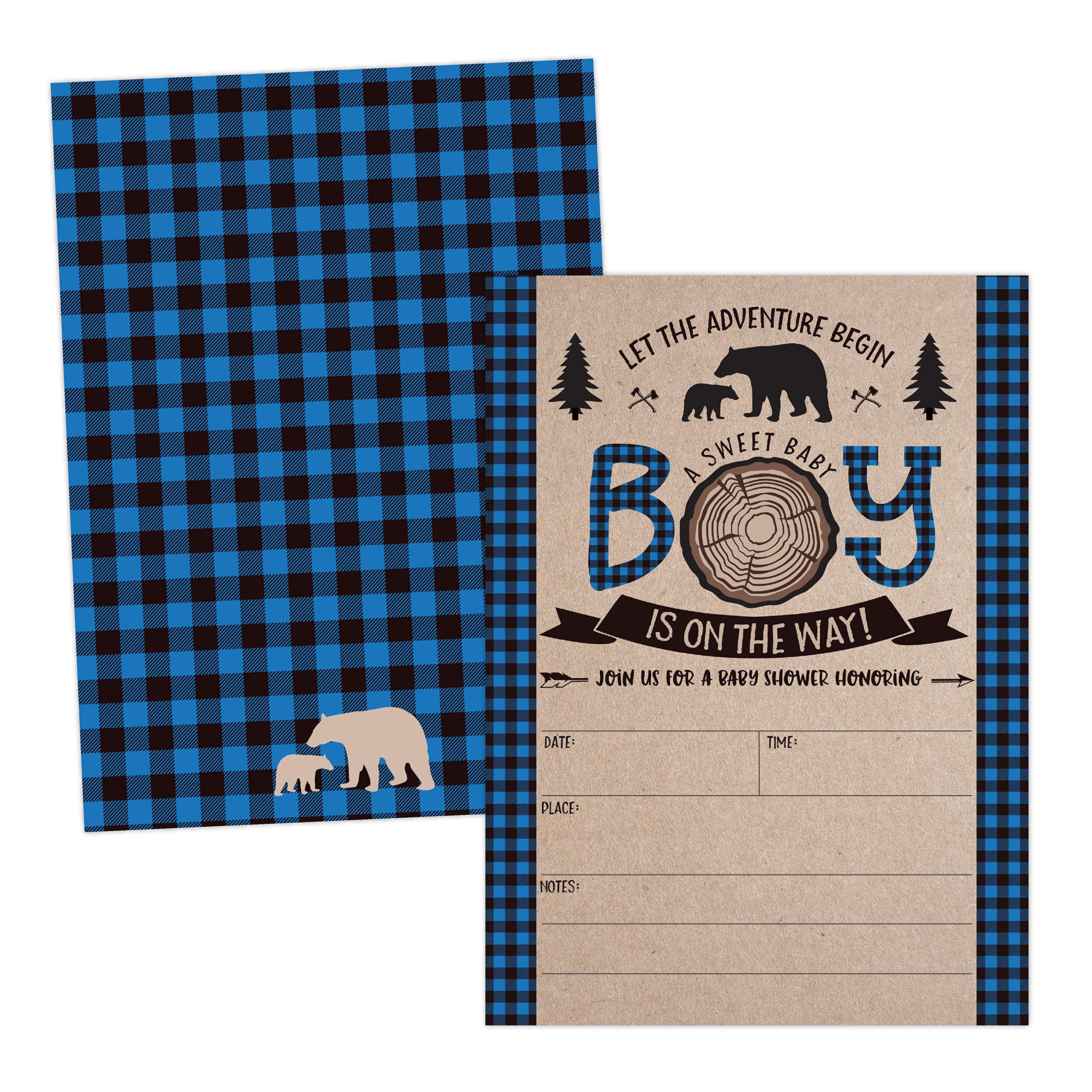 Your Main Event Prints Blue Lumberjack Baby Shower Invitations, Boy Baby Shower Invitations, Mama Bear Baby Shower Invites, Woodland Baby Shower Invitations, 20 Fill in Invitations and Envelopes