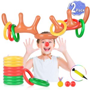 2 set inflatable reindeer antler game (2 reindeer antler hat with 12 ring toss, 2 red reindeer nose, 1 medal and 1 hand-held pump) great family christmas party games