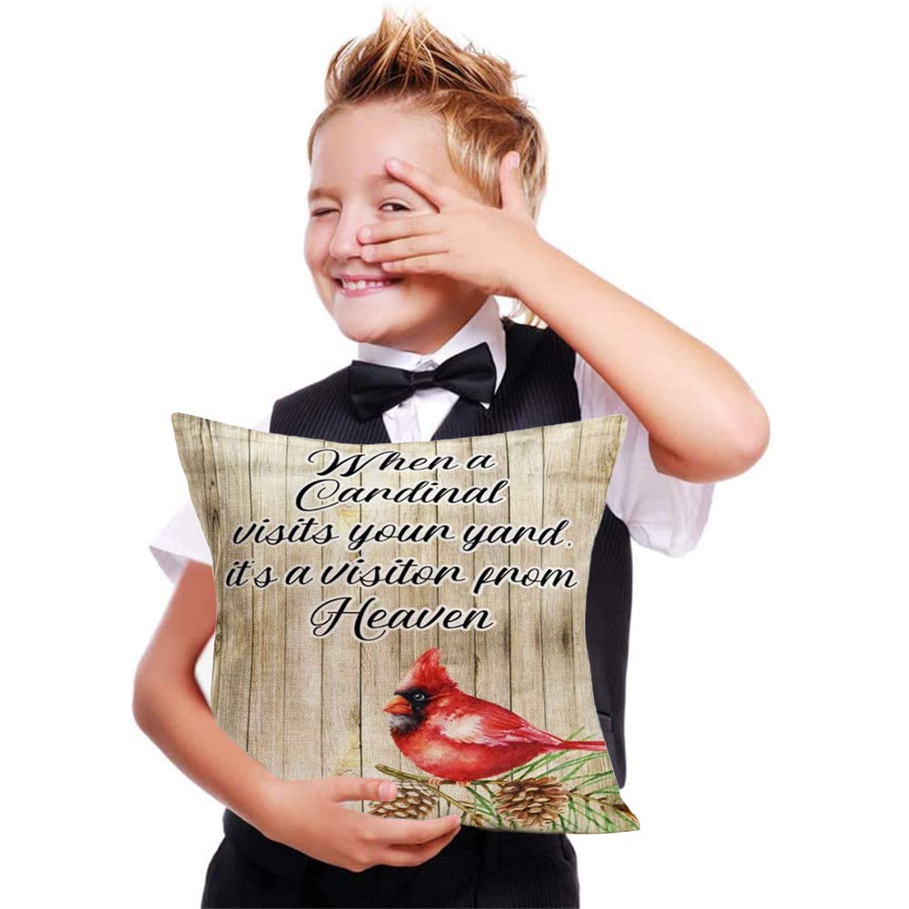 ShareJ Throw Pillow Covers When Cardinal Visits Your Yard, It's A Visitor from Heaven Inspirational Quote Home Decor Square Pillow Cases for Bedroom Livingroom Cotton Linen Cushion Cover 18x18 Inch