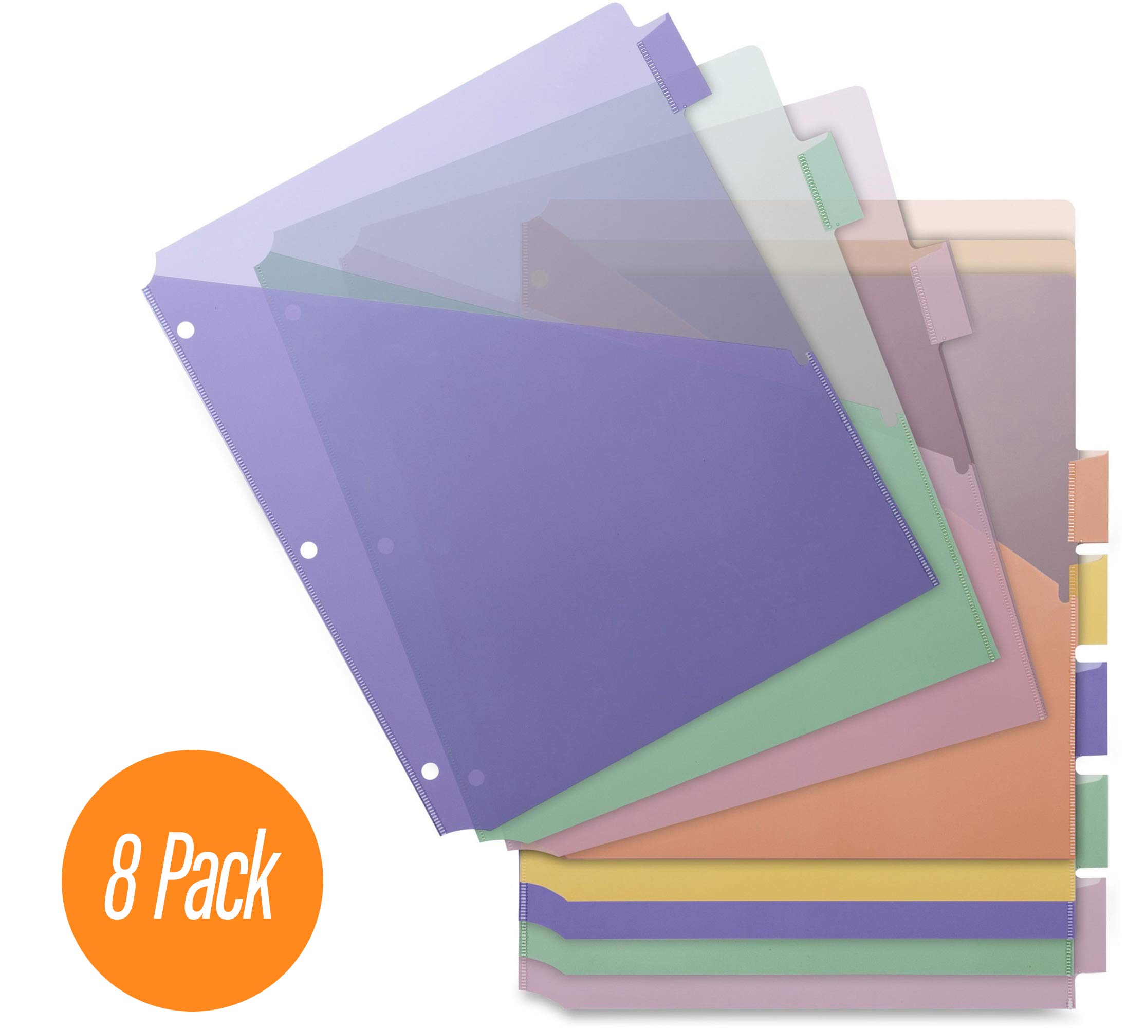 Double Pocket Index Dividers, with Multicolor Large Insertable Tabs, Hole Punched for Use with 3 Ring Binders - 8 Pack