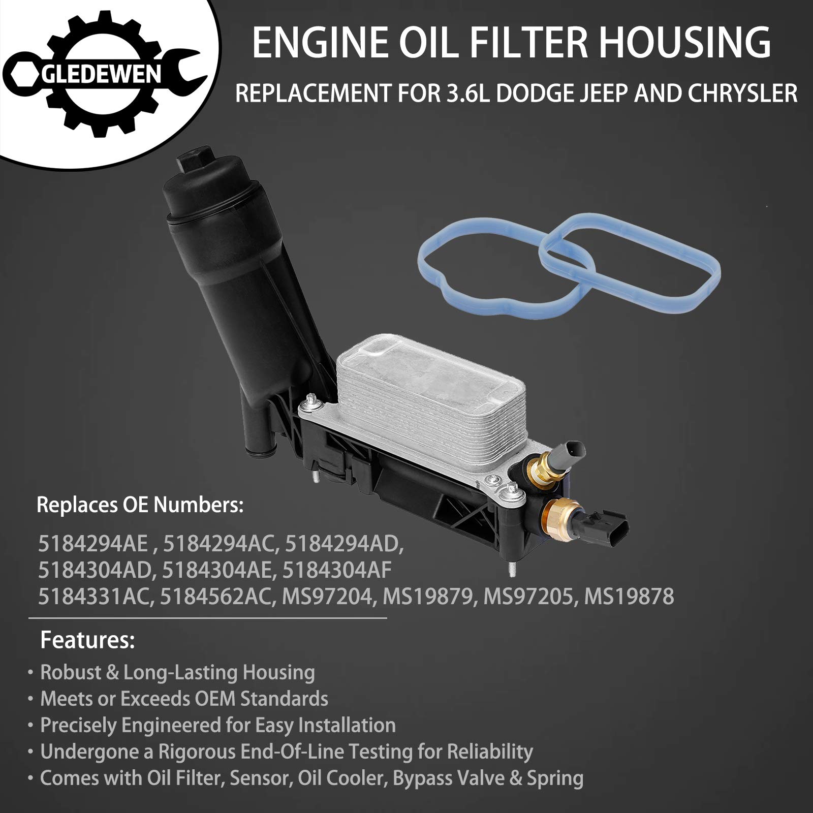 Engine Oil Cooler Oil Filter Housing Adapter Assembly | for 2011-2013 Dodge Jeep Chrysler 3.6L V6 Engine | Replaces# 5184294AE, 5184294AC, 5184294AD, 5184304AD, 5184304AE, 5184304AF