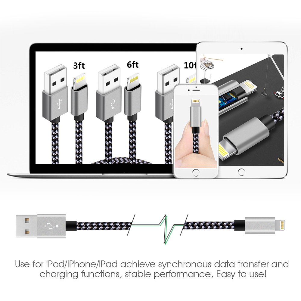 IDISON iPhone Charger,5Packs(3ft 3ft 6ft 6ft 10ft) Charging Cable MFi Certified USB Charging Cable Nylon Braided Fast Charging Cord for iPhone14/13/12/11/X/Max/8/7/6/6S/5/5S/SE/Plus/iPad(BlackGray)