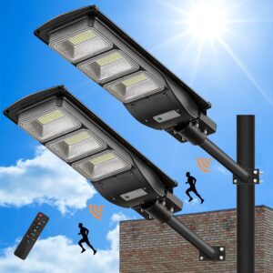 lovus 2pack 1500w solar led street lights, ip65 waterproof outdoor solar motion sensor flood security lights dusk to dawn for parking lot, home, garage, st60-039-2