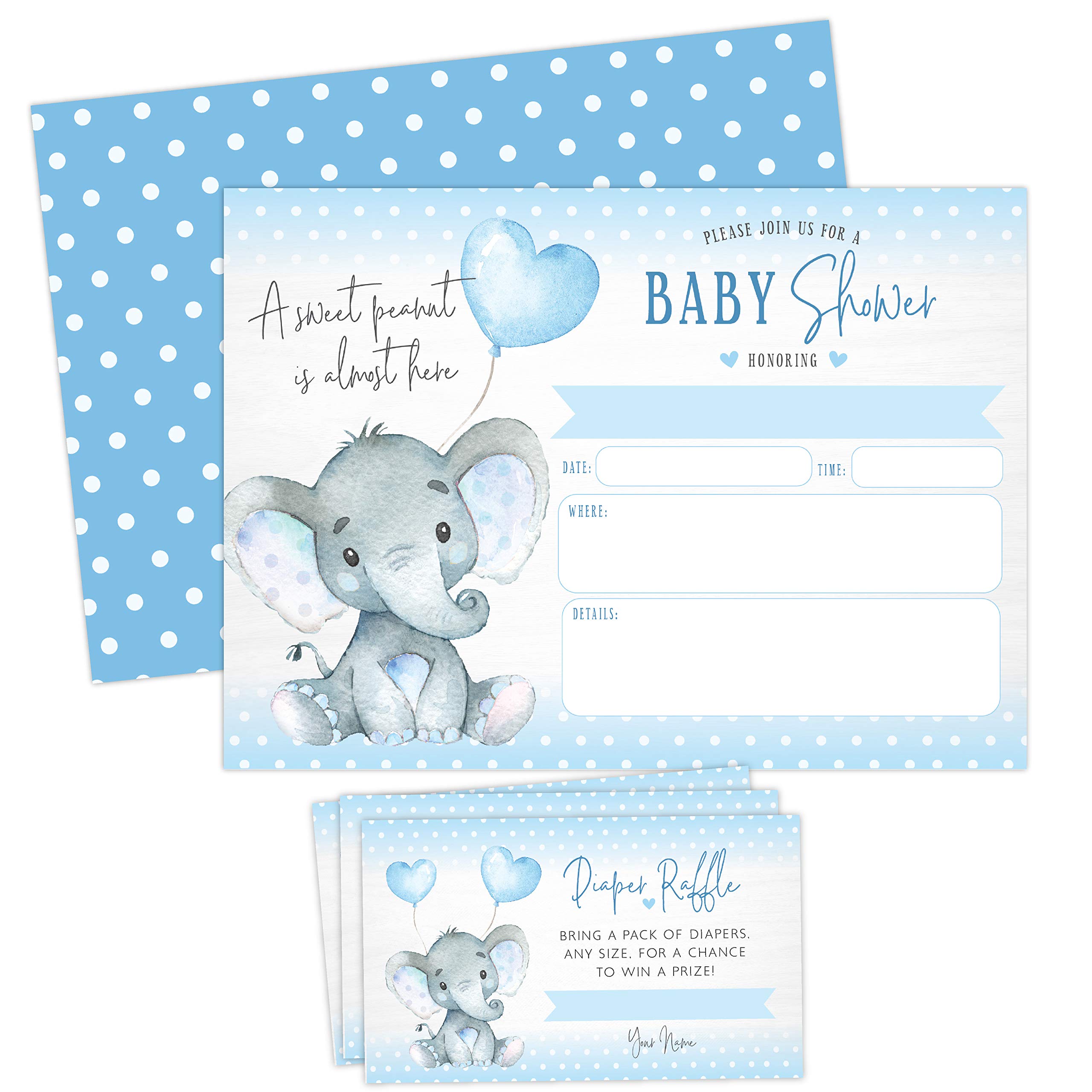 Your Main Event Prints Boy Elephant Baby Shower Invitations, Peanut Baby Shower Invites with Diaper Raffles Cards, Sprinkle, 20 Invites Including Envelopes