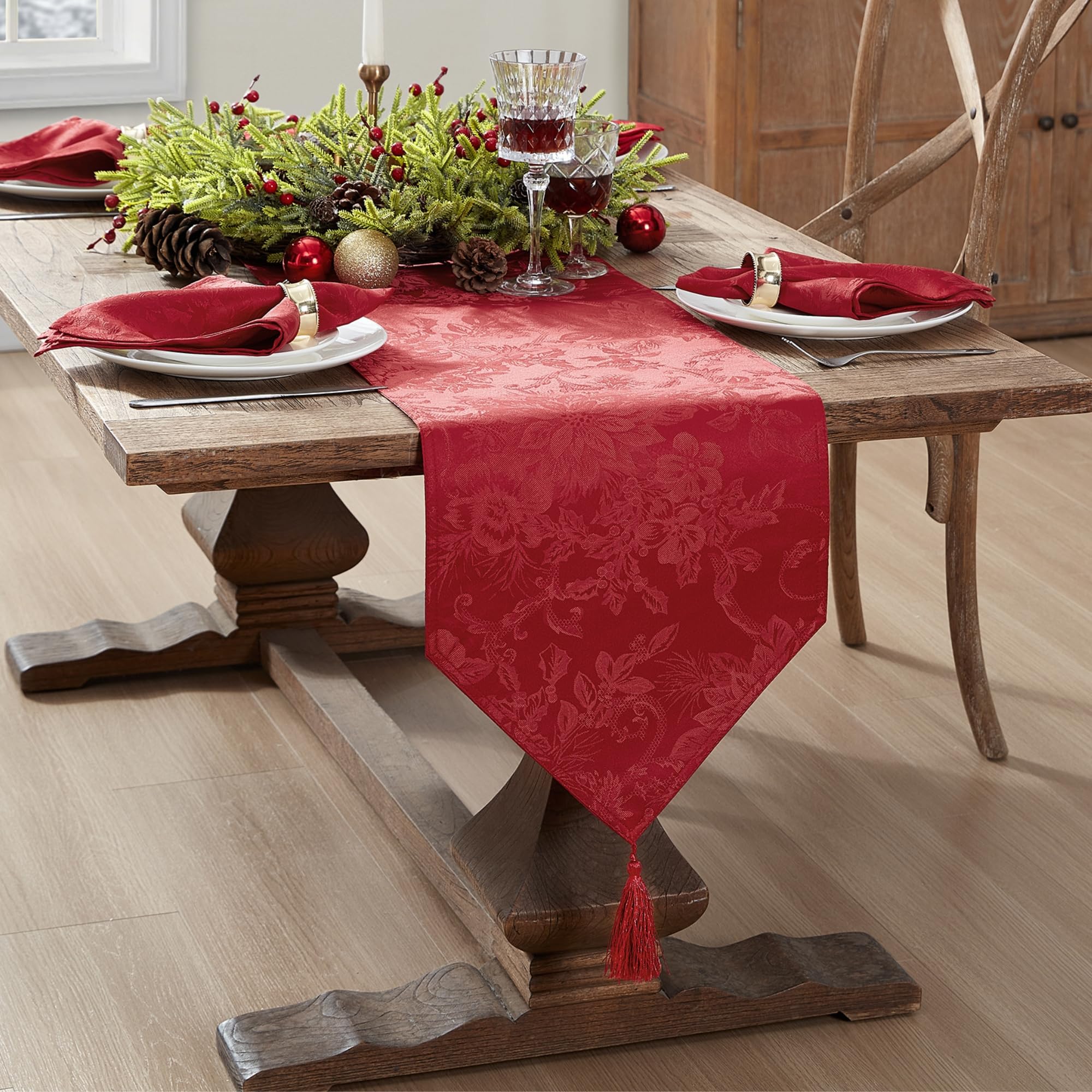 Elrene Home Fashions Poinsettia Elegance Jacquard Holiday Table Runner, 13" x 70", Red