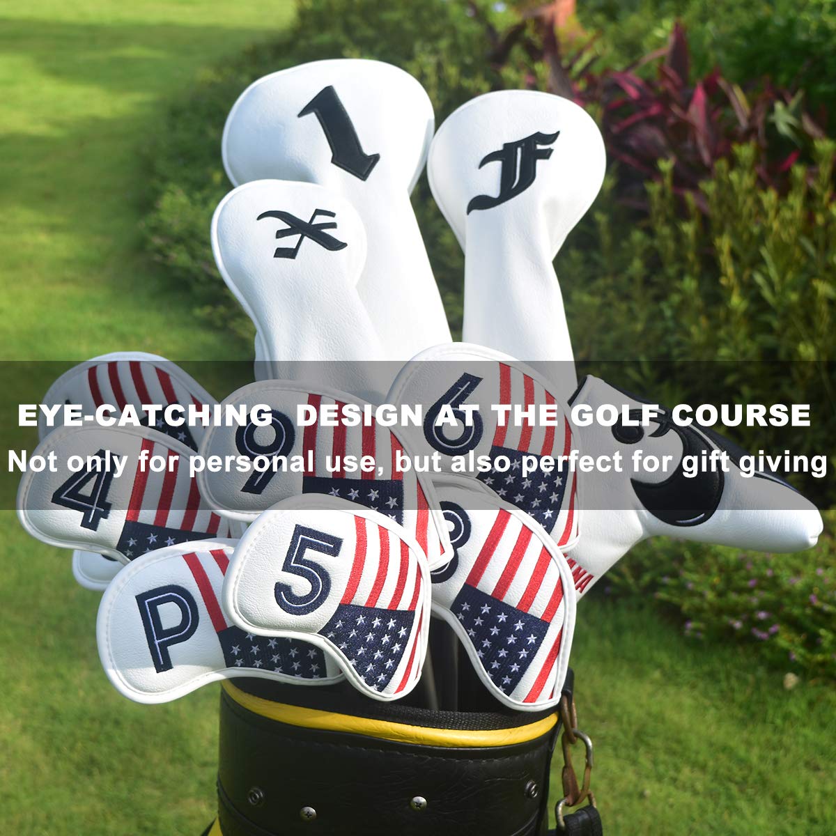 Golf Iron Head Covers Set 10pcs/Set Iron Headcover Golf Iron Club Cover USA American Flag for Titleist, Callaway, Ping, Taylormade PXG0311 (White2)