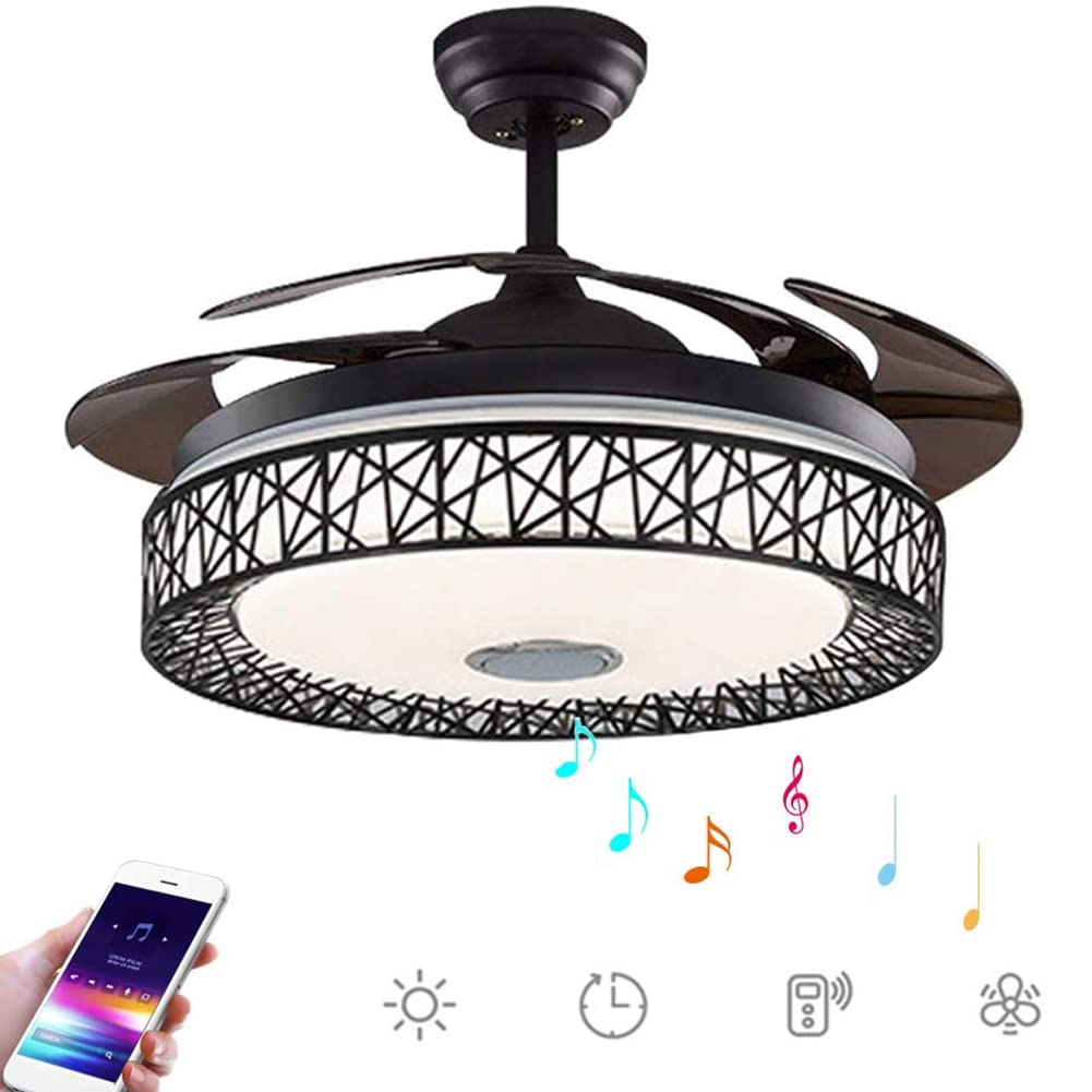 SenHome 42 Inch Ceiling Fan with Light and Remote LED Three-Light Retractable Blades with Bluetooth Speaker Music Ceiling Light for Living room/Restaurant/Hall