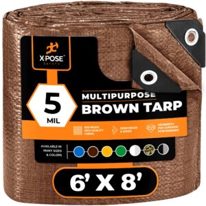 multipurpose protective cover brown poly tarp 6' x 8' - durable, water resistant, weather resistant - 5 mil thick polyethylene - by xpose safety