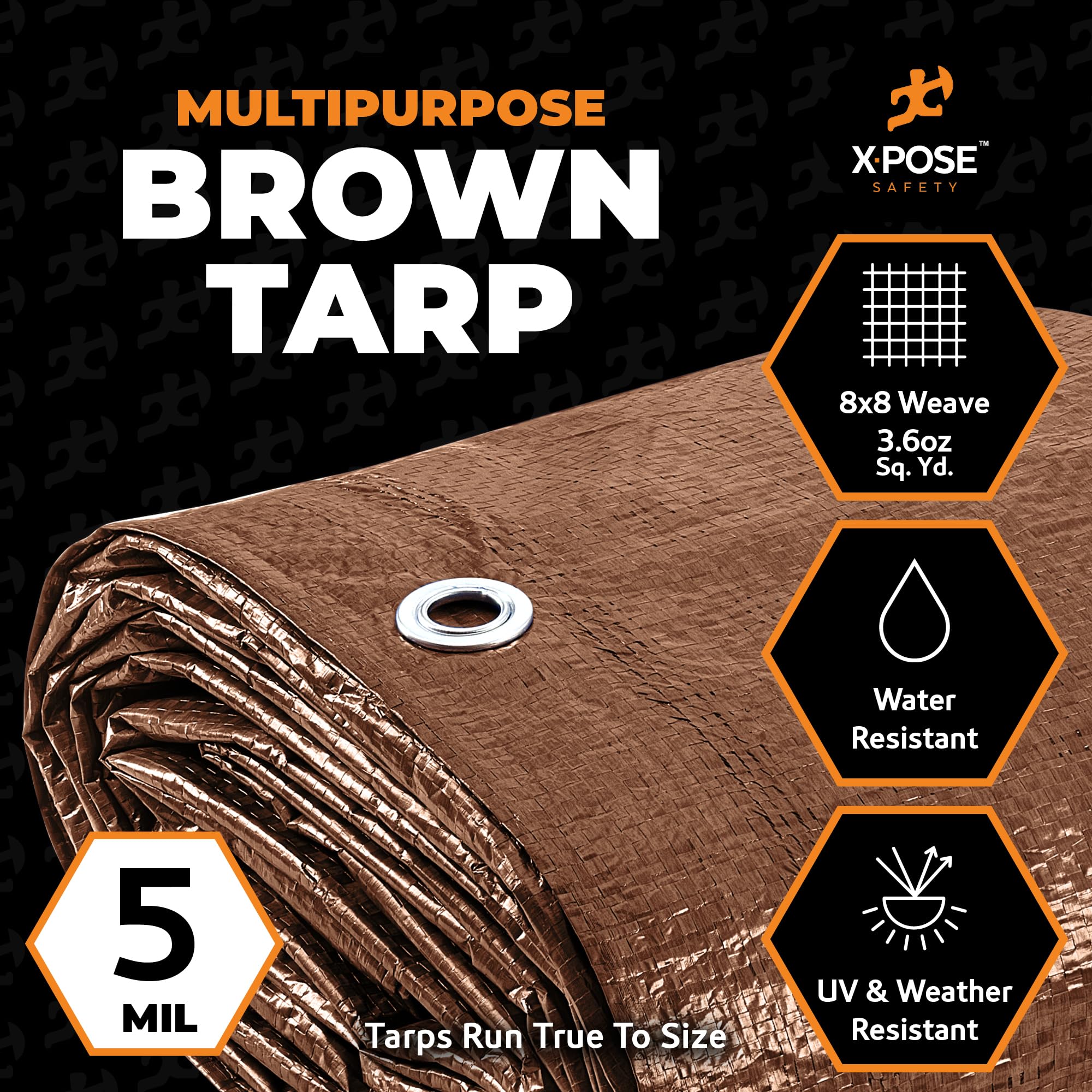 Multipurpose Protective Cover Brown Poly Tarp 6' x 8' - Durable, Water Resistant, Weather Resistant - 5 Mil Thick Polyethylene - by Xpose Safety