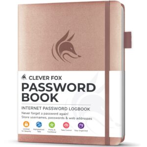 clever fox password book with alphabetical tabs. internet address organizer logbook. small pocket password keeper for website logins (rose gold)