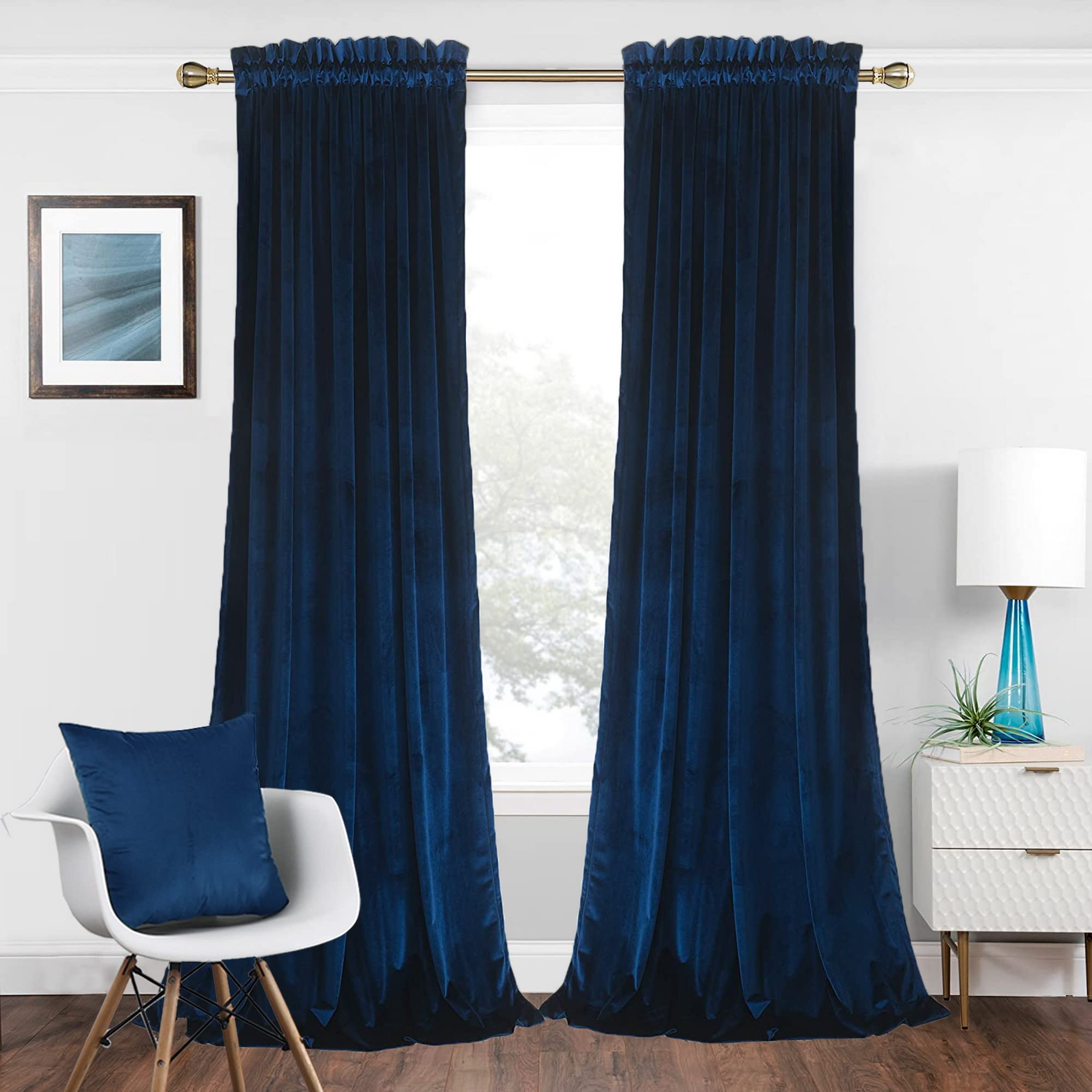 Twin Six Super Soft Blackout Velvet Curtains with 2 Pillow Case,Thermal Insulated Solid Heavy Rod Pocket Window Drapes for Living Room (Navy Blue, 52"x84",2 Panels)