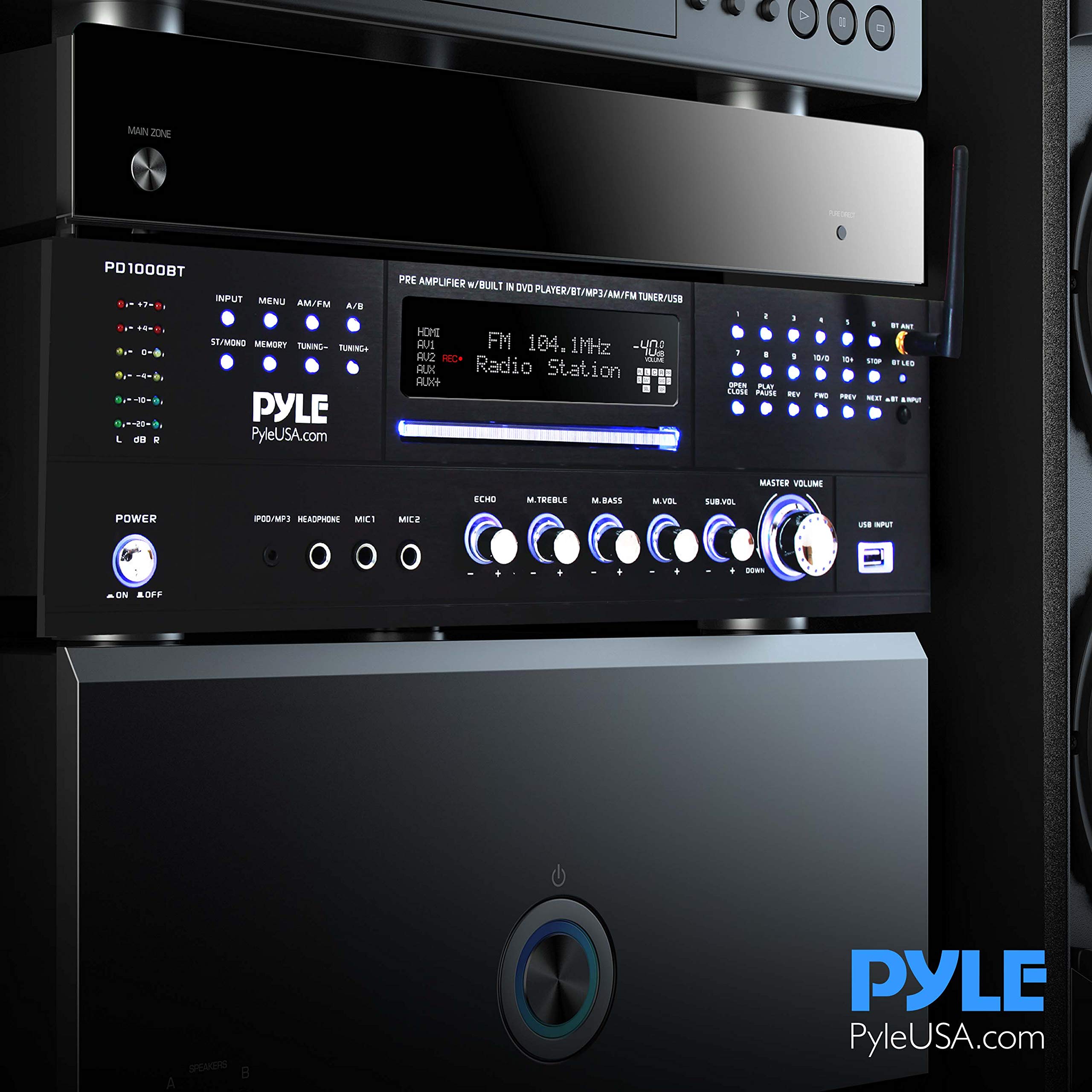 PYLE 4 Channel Amplifier Receiver - 1000 Watt Rack Mount Bluetooth Home Theater-Stereo Surround Sound Preamp Receiver W/Audio/Video System, CD/DVD Player, AM/FM Radio, MP3/USB Reader - PD1000BT