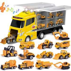 12 in 1 Construction Truck Toys Set for Toddlers, Carrier Truck with 12 Mini Cars for Kids,Transport Trucks Toy with Light and Sound,Christmas Birthday Cars Toy Gift for Boys Age 3-7