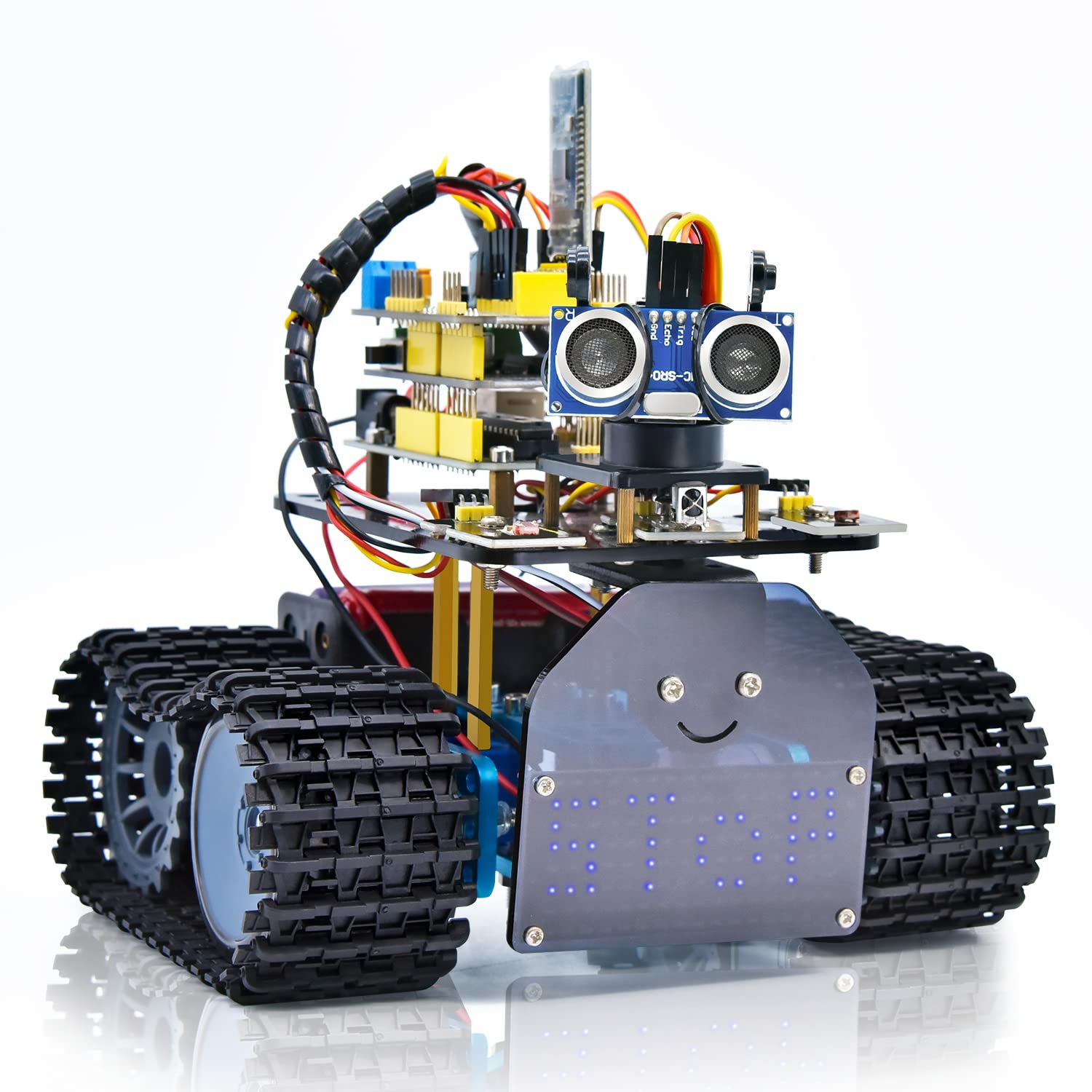 KEYESTUDIO Mini Tank Robot V2 Smart Car Kit for Arduino, IR Infrared and App Remote Control (iOS and Android), Light and Ultrasonic Follow, 8X16 LED Panel, Ultrasonic Obstacle Avoidance