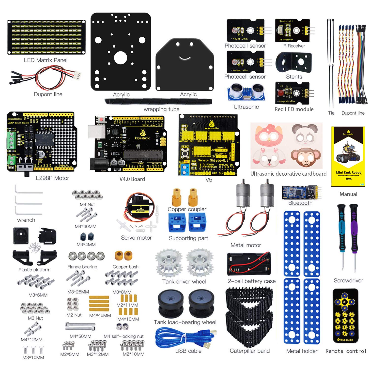 KEYESTUDIO Mini Tank Robot V2 Smart Car Kit for Arduino, IR Infrared and App Remote Control (iOS and Android), Light and Ultrasonic Follow, 8X16 LED Panel, Ultrasonic Obstacle Avoidance