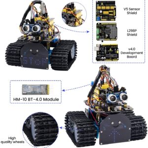 KEYESTUDIO Mini Tank Robot V2 Smart Car Kit for Arduino, IR Infrared and App Remote Control (iOS and Android), Light and Ultrasonic Follow, 8X16 LED Panel, Ultrasonic Obstacle Avoidance