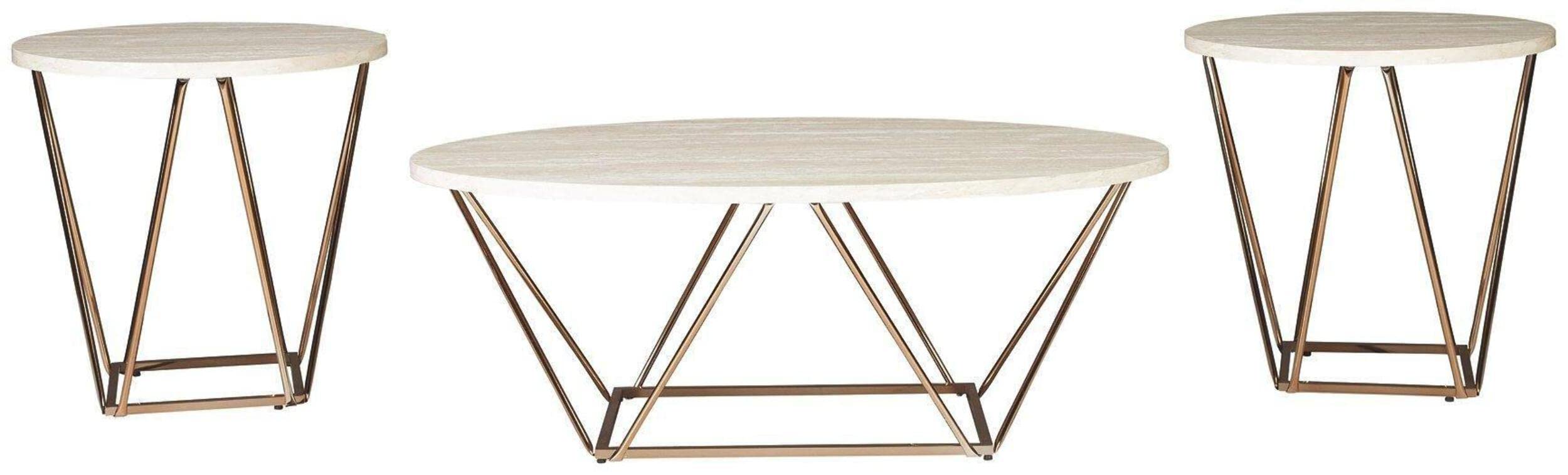 Signature Design by Ashley Tarica Modern 3 Piece Table Set, Includes Coffee & 2 End Tables, White & Gold