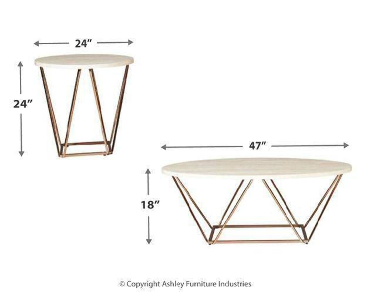 Signature Design by Ashley Tarica Modern 3 Piece Table Set, Includes Coffee & 2 End Tables, White & Gold