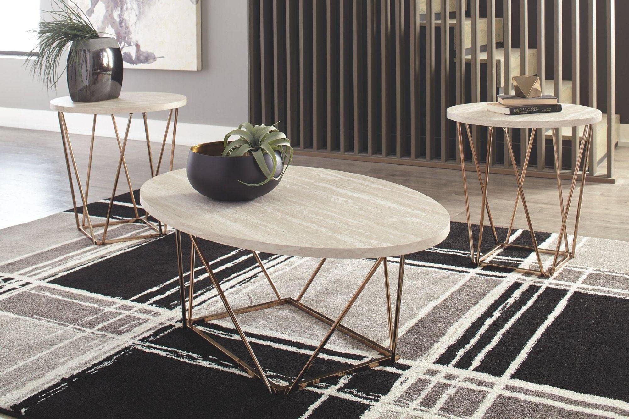 Signature Design by Ashley Tarica Modern 3 Piece Table Set, Includes Coffee & 2 End Tables, White & Gold