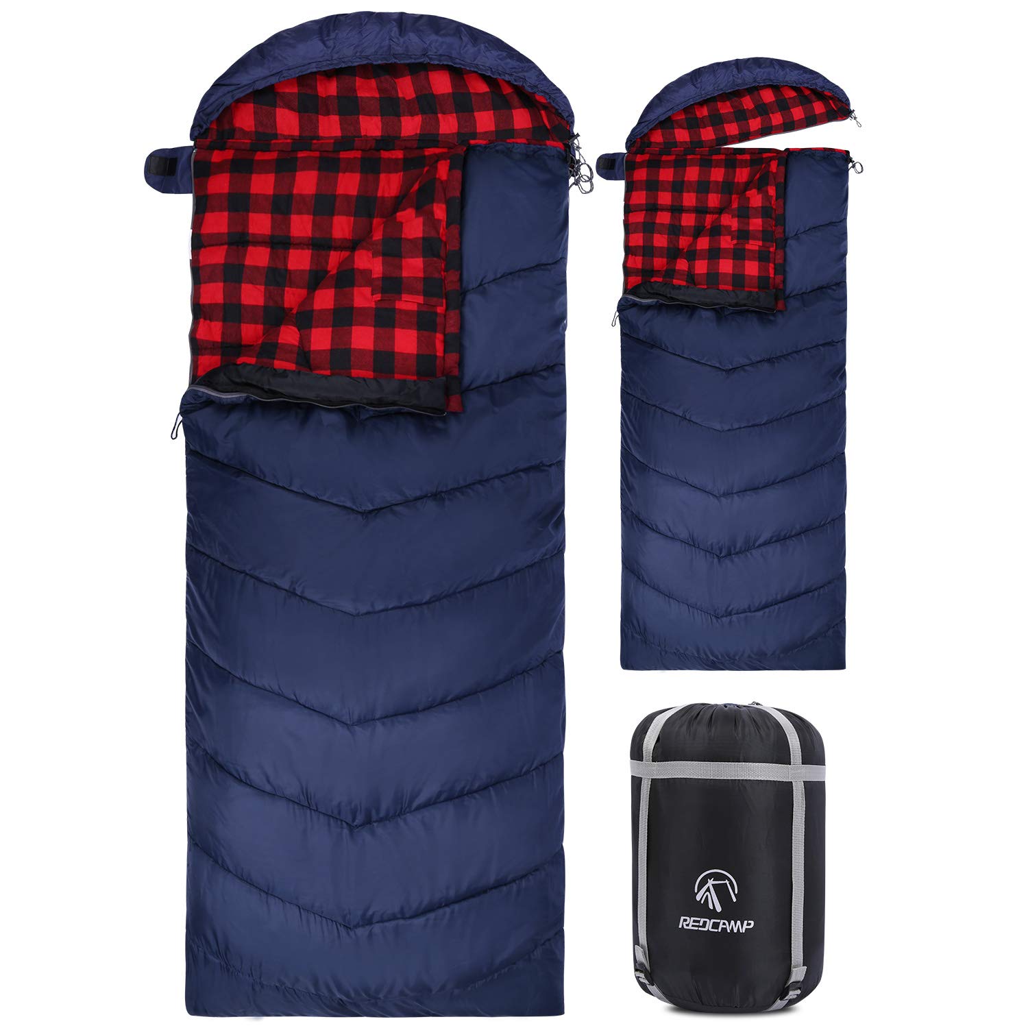 REDCAMP Flannel Sleeping Bag for Adults, Large Cotton Sleeping Bags for Camping with Detachable Hood, Red Plaid with 3lbs Filling (91"x33")