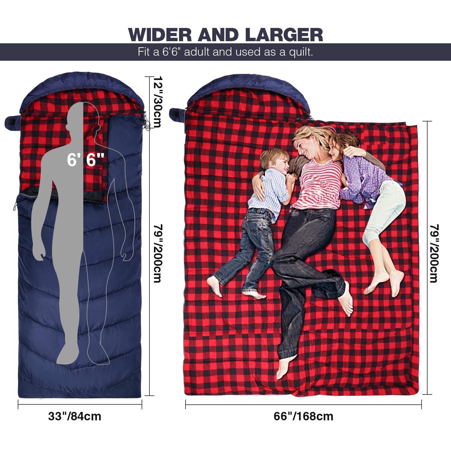 REDCAMP Flannel Sleeping Bag for Adults, Large Cotton Sleeping Bags for Camping with Detachable Hood, Red Plaid with 3lbs Filling (91"x33")