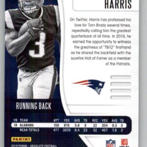 2019 Absolute Football #106 Damien Harris RC Rookie Card New England Patriots Official NFL Trading Card From Panini America in Raw (NM or Better) Condition