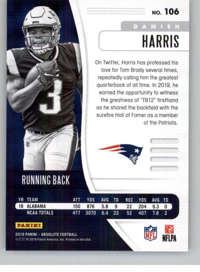 2019 Absolute Football #106 Damien Harris RC Rookie Card New England Patriots Official NFL Trading Card From Panini America in Raw (NM or Better) Condition