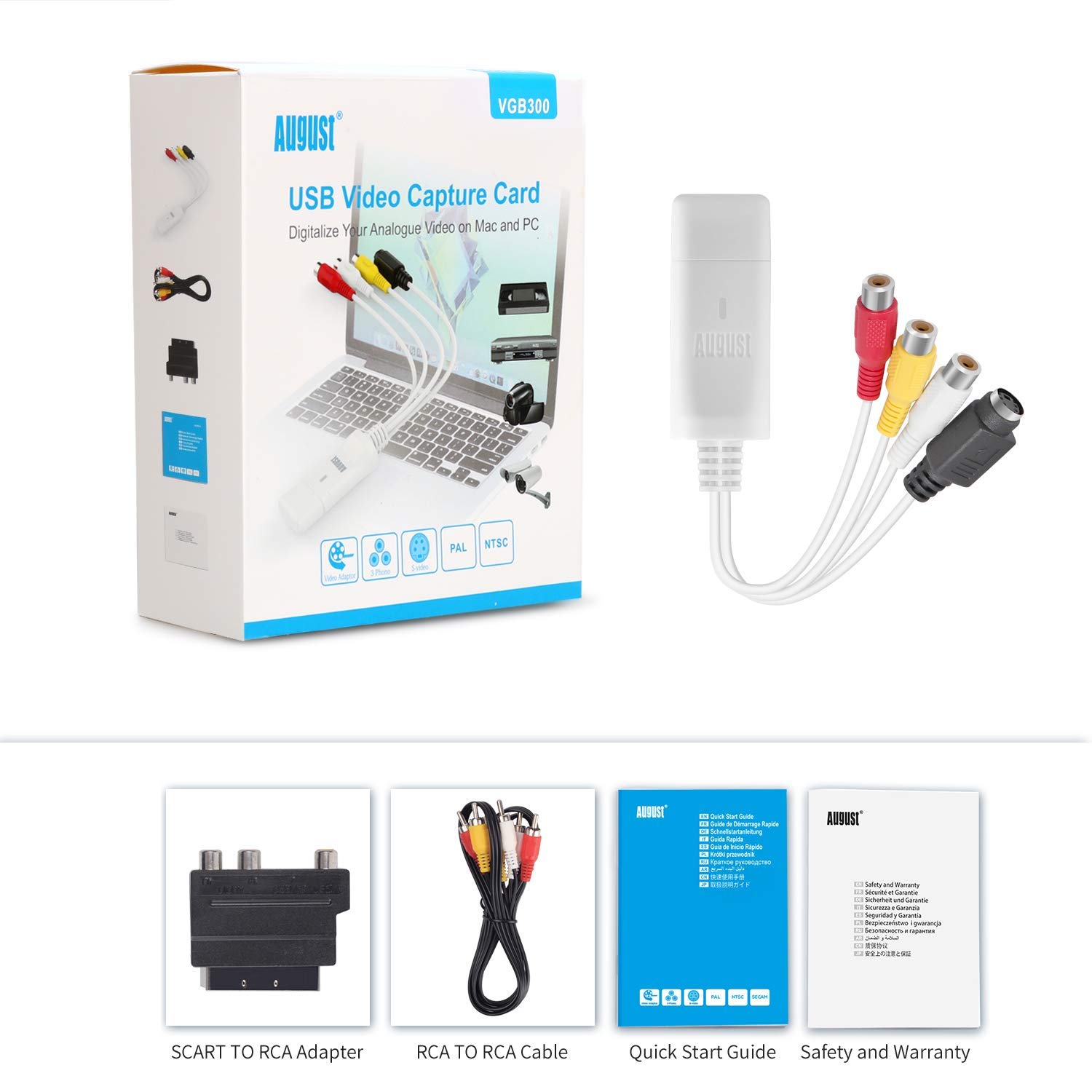 External USB Video Capture Card - August VGB300 - Transfer VHS Home Videos to Mac OS and PC Windows - S-Video and Composite in