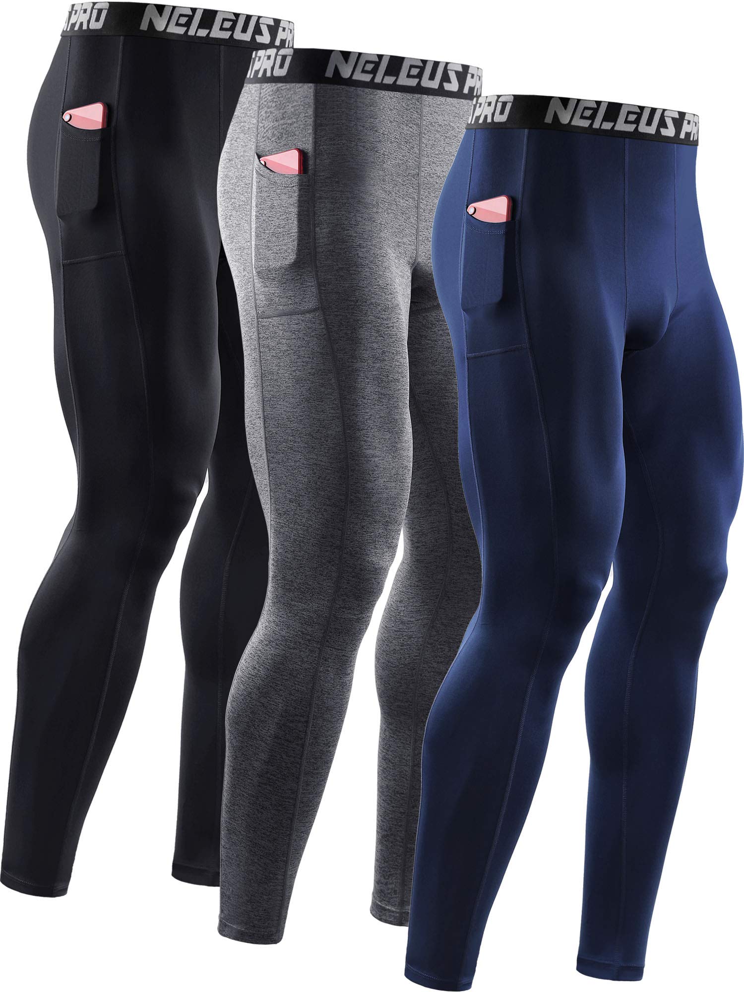 NELEUS Men's 3 Pack Dry Fit Compression Pants Running Tights with Pocket,6069,Black/Grey/Navy,US M,EU L