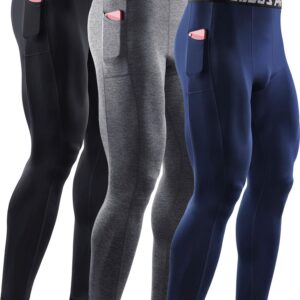 NELEUS Men's 3 Pack Dry Fit Compression Pants Running Tights with Pocket,6069,Black/Grey/Navy,US L,EU XL