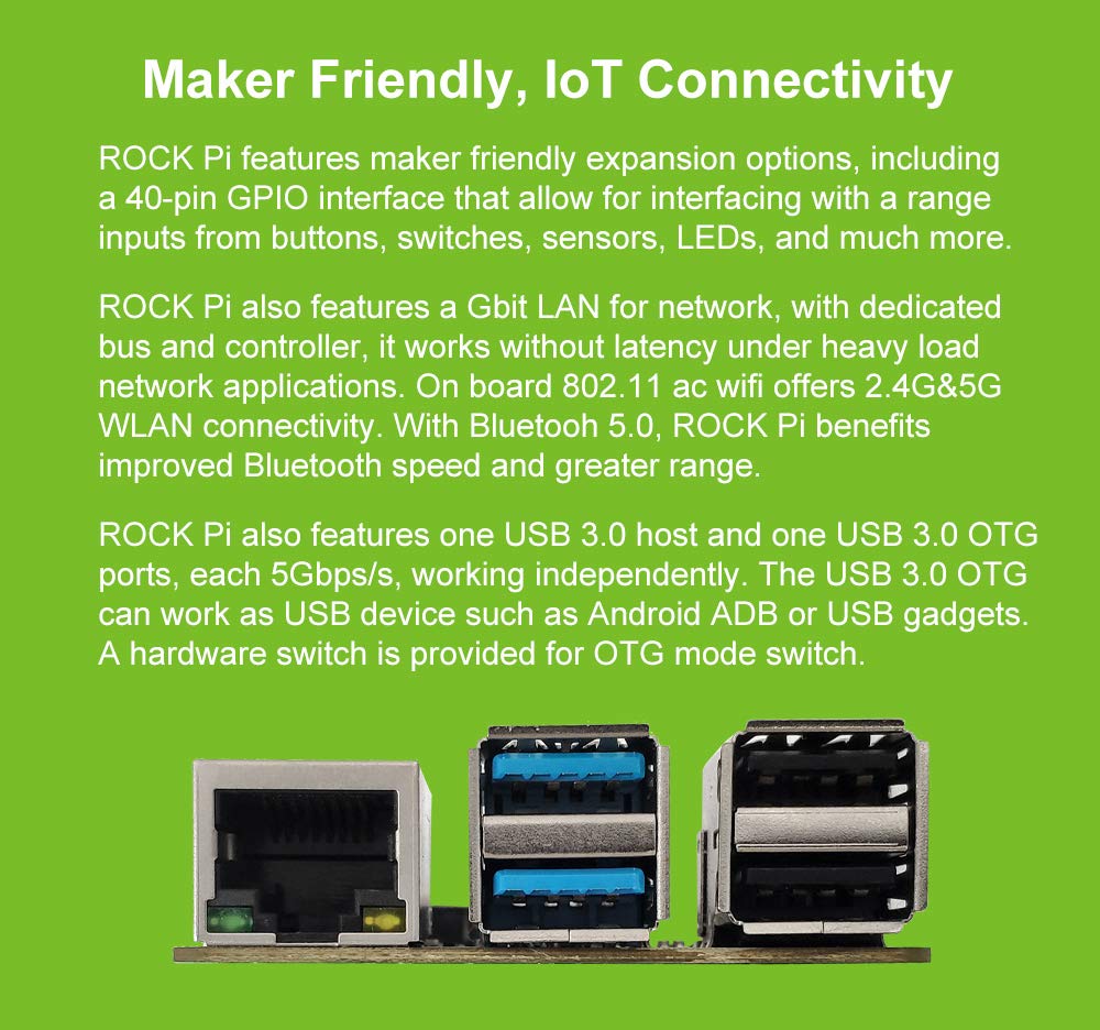 Rock Pi 4B RK3399 Single Board Computer Kit LPDDR4 4GB with Dualband 2, 4/5GHz WLAN/Bluetooth 5.0