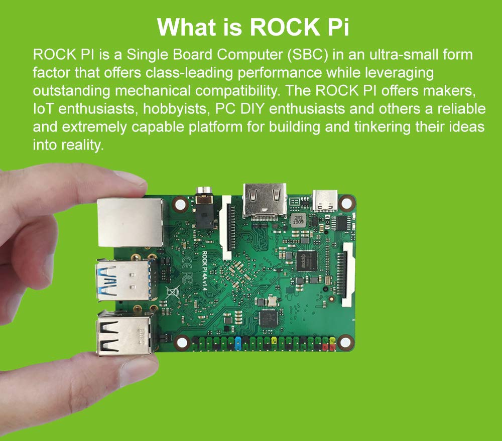 Rock Pi 4B RK3399 Single Board Computer Kit LPDDR4 4GB with Dualband 2, 4/5GHz WLAN/Bluetooth 5.0