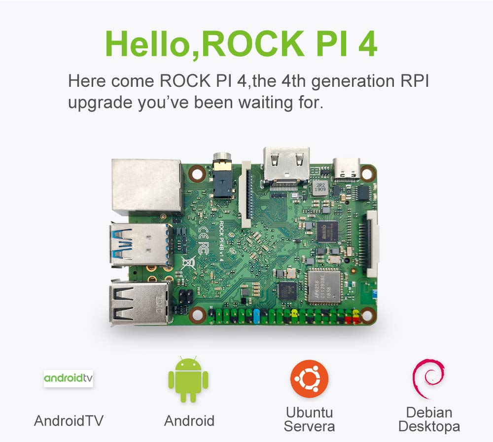 Rock Pi 4B RK3399 Single Board Computer Kit LPDDR4 4GB with Dualband 2, 4/5GHz WLAN/Bluetooth 5.0