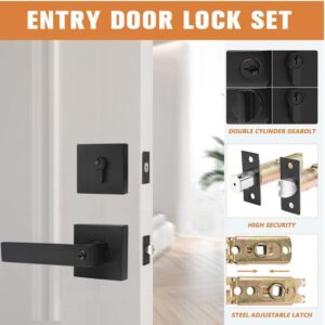 Probrico Square Entrance Lever with Double Cylinder Deadbolt Set Keyed Alike Combo Pack(for Office and Front Door), Heavy Duty Flat Black Entry Door Lockset for Right and Left Side, 1 Pack