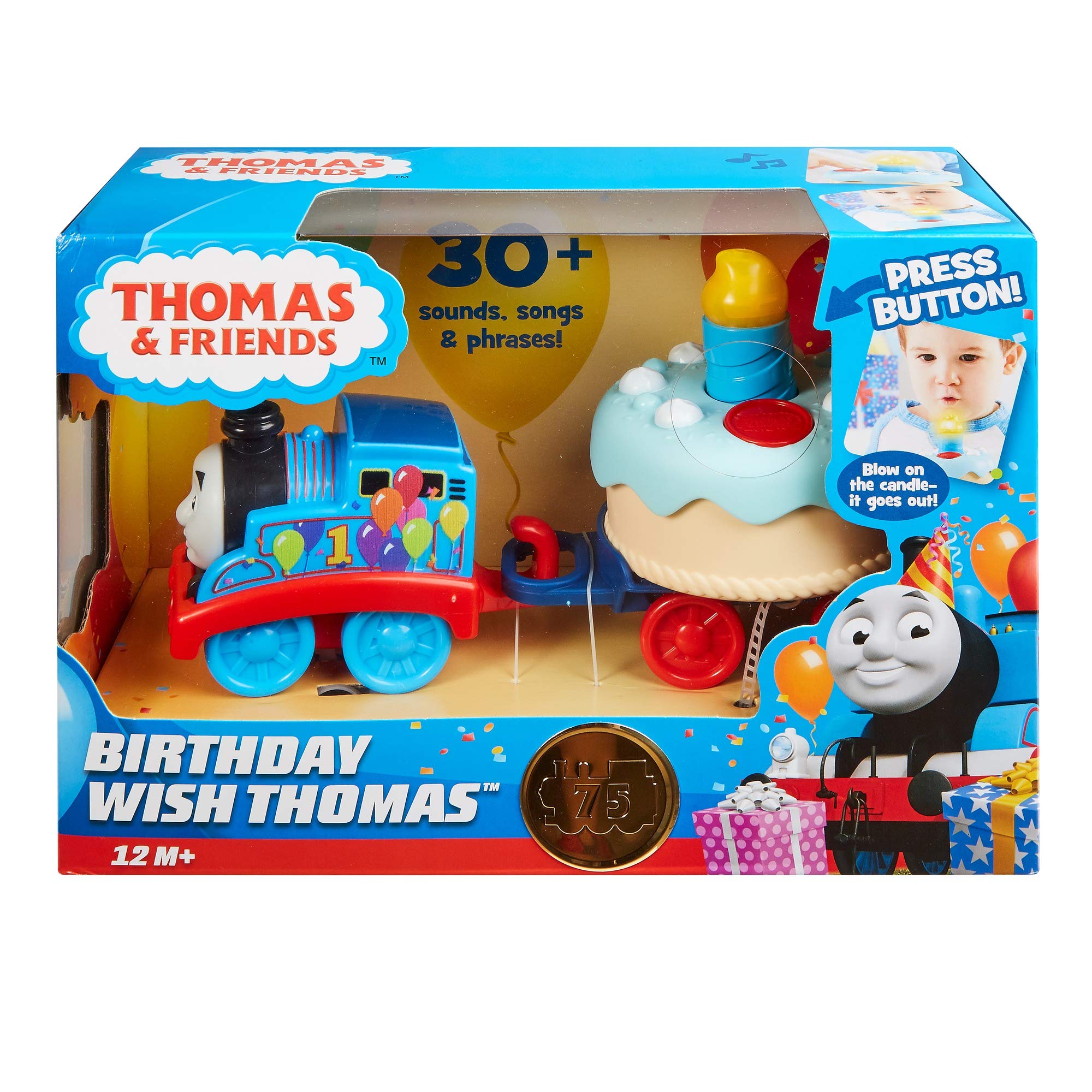 Thomas & Friends Fisher-Price Birthday Wish Thomas, Musical Push-Along Toy Train Engine with Light-up Birthday Cake for Toddlers and preschoolers Ages 12 Months & Older