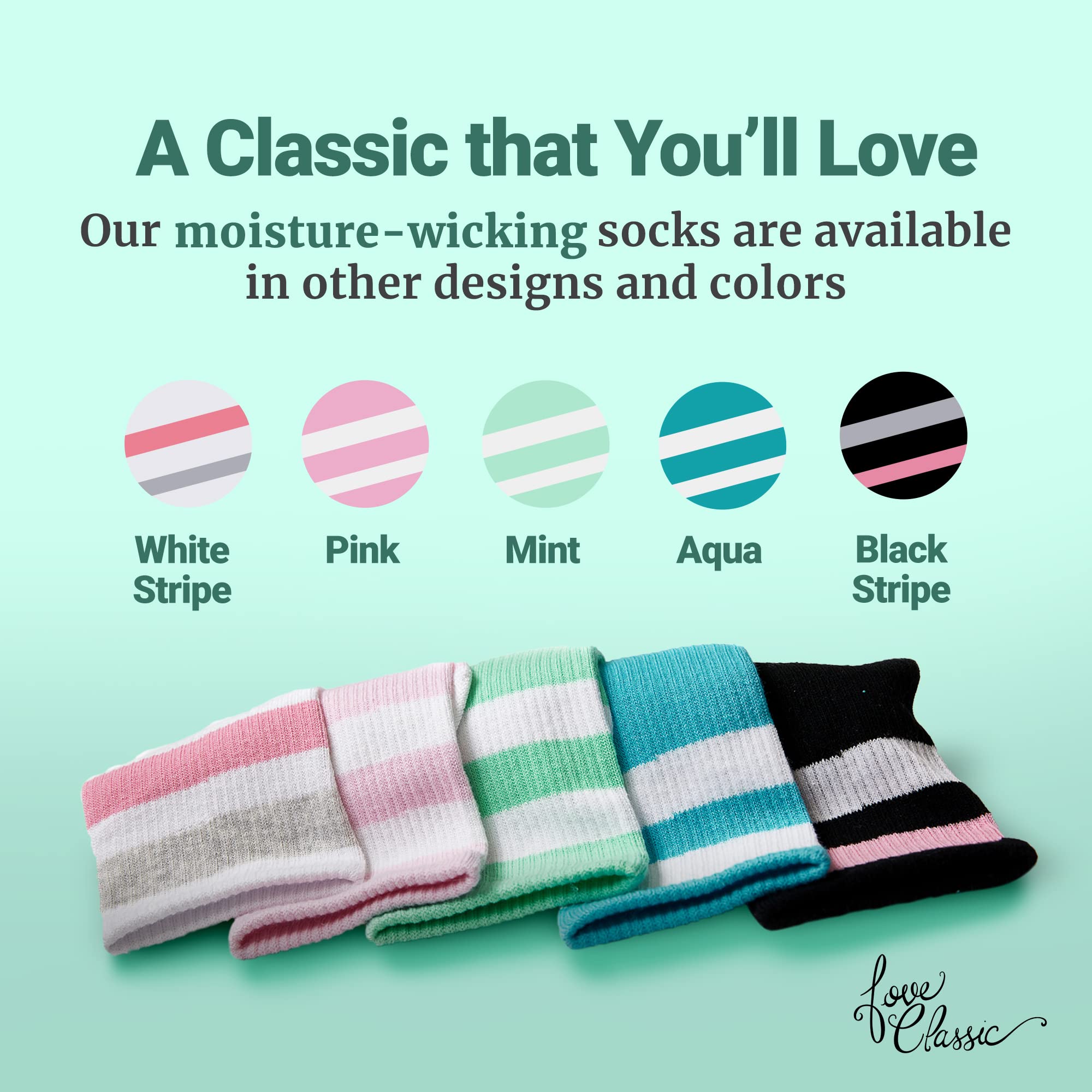 Love Classic, Mint, Medium-Large, Light Weight Compression Athletic Crew Socks for Women