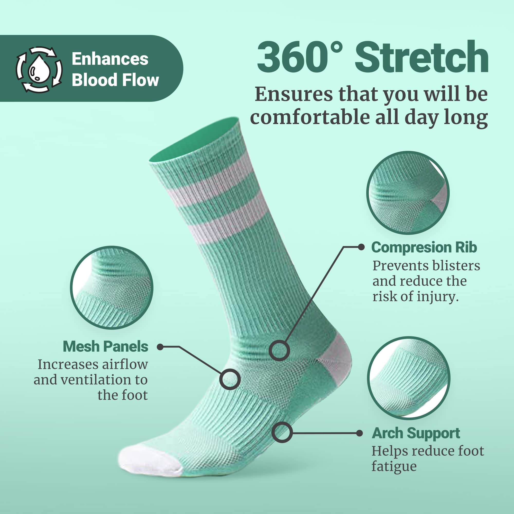 Love Classic, Mint, Medium-Large, Light Weight Compression Athletic Crew Socks for Women