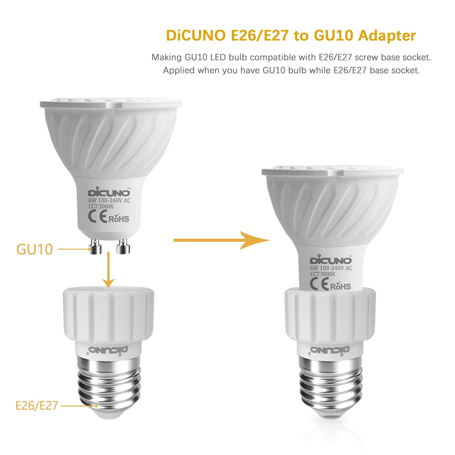 DiCUNO E26 to GU10 Adapter 160℃ Heat Resistant Maximum Wattage 200W E26 Standard Medium Base to GU10 Pin Base Socket Converter E26 Adapter (2-Pack)