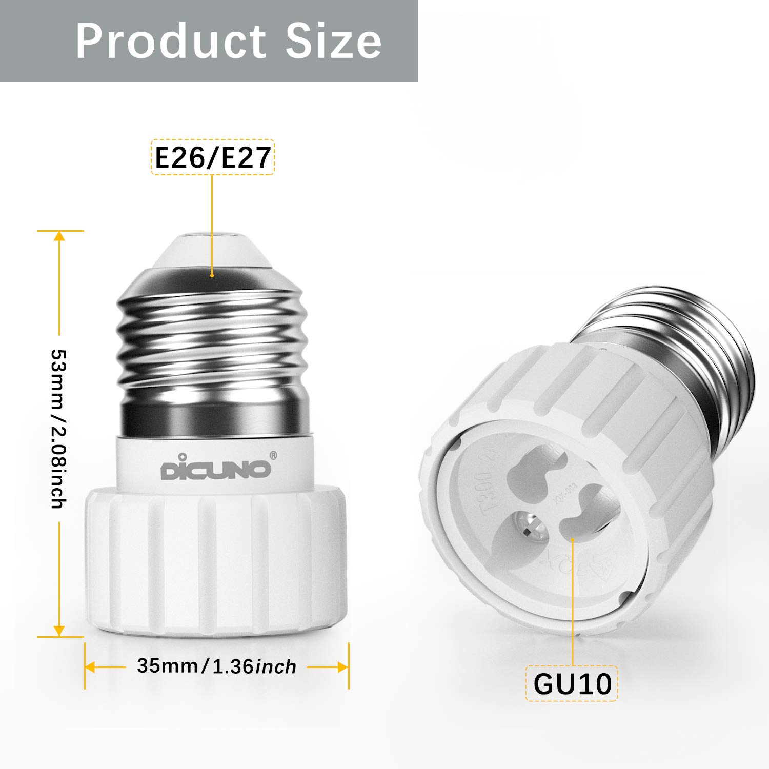 DiCUNO E26 to GU10 Adapter 160℃ Heat Resistant Maximum Wattage 200W E26 Standard Medium Base to GU10 Pin Base Socket Converter E26 Adapter (2-Pack)