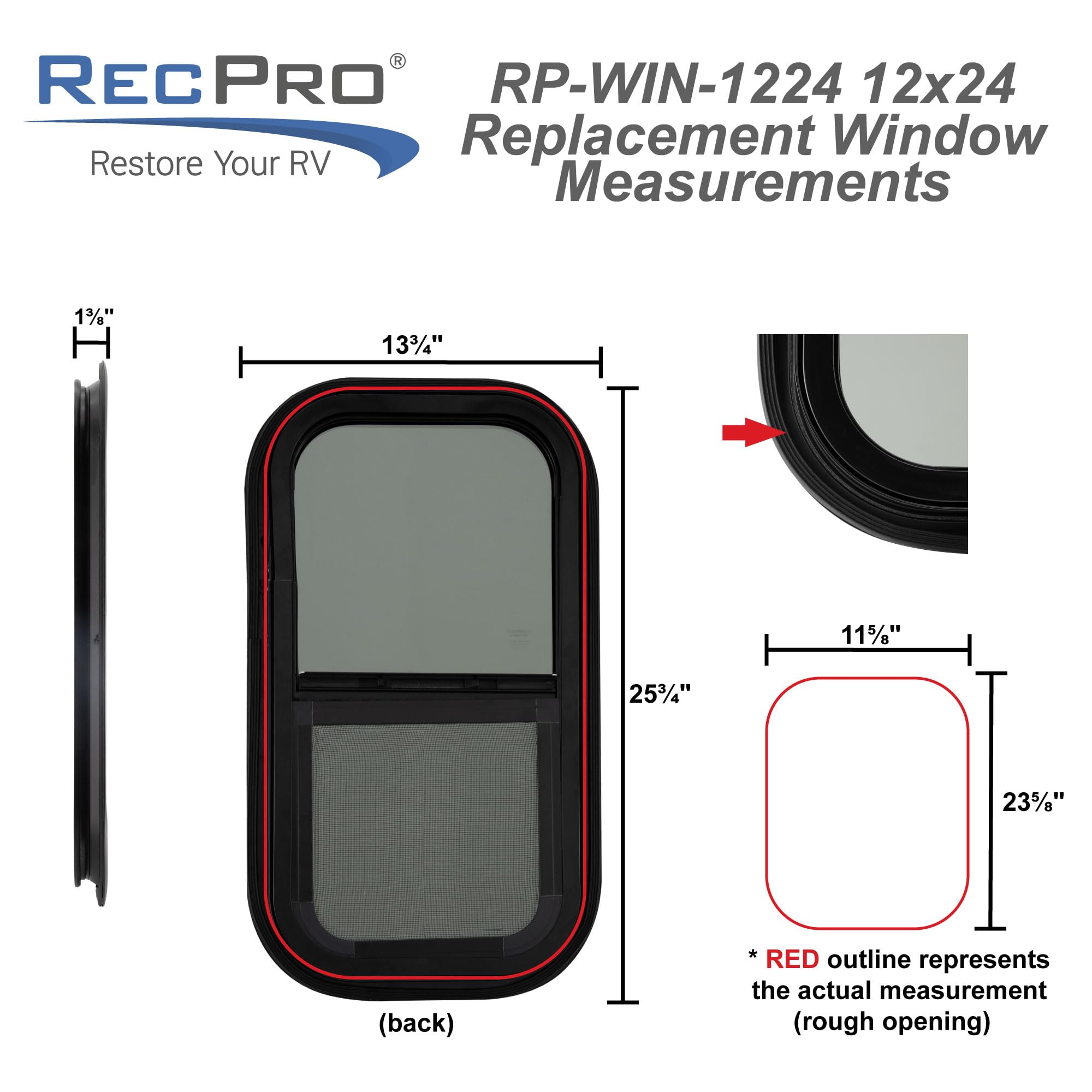 RecPro RV Window | Teardrop 12" W x 24" H | Teardrop Style Vertical Slide | RV Window Replacement (1 Window, No Trim Kit)