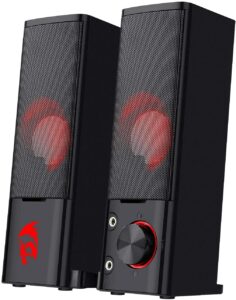 redragon gs550 pc gaming speakers, 2.0 channel desktop computer sound bar with compact maneuverable size, headphone jack, quality bass & decent red backlit, usb powered w/ 3.5mm cable