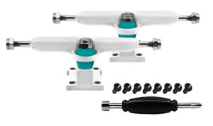 teak tuning prodigy fingerboard trucks with upgraded lock nuts, white colorway - 32mm wide - includes teal pro duro 61a bubble bushings