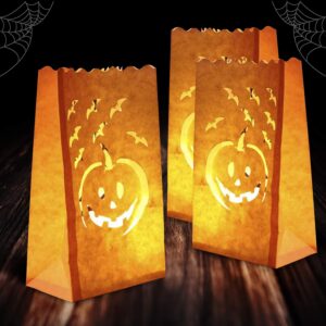 homemory 24 pack halloween luminary bags, flame resistant luminaries, orange tea light candle bags for halloween decoration, parties, fall festival