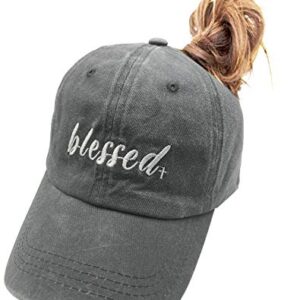 MANMESH HATT Blessed Ponytail Hat Messy Bun Vintage Washed Distressed Twill Plain Baseball Cap for Women (Grey, One Size)