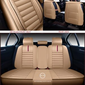 OASIS AUTO Car Seat Covers Premium Waterproof Faux Leather Cushion Universal Accessories Fit SUV Truck Sedan Automotive Vehicle Auto Interior Protector Full Set (OS-001 Tan)